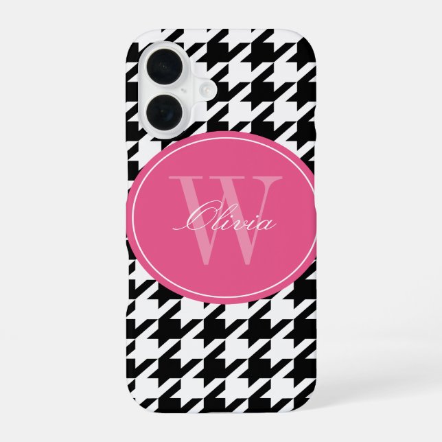 Black and Pink Houndstooth Pattern Monogram iPhone 16 Case (Back)