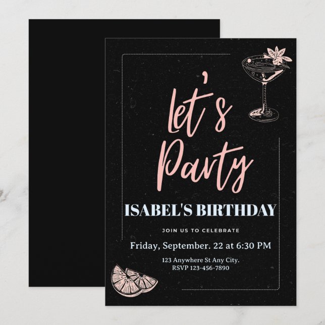 Black and Pink Illustrated Birthday Invitation (Front/Back)