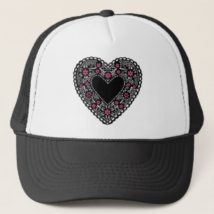 Black and Pink Lace Heart Trucker Hat