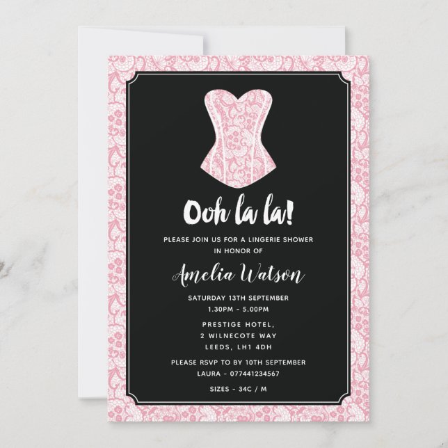 Black and Pink Lace Lingerie Shower Invitation (Front)