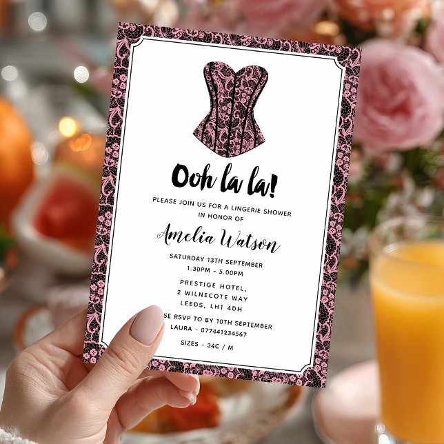 Black and Pink Lace Lingerie Shower Invitation (Spice up the celebration 🔥 Send your invites with this sassy lingerie shower invitation.)