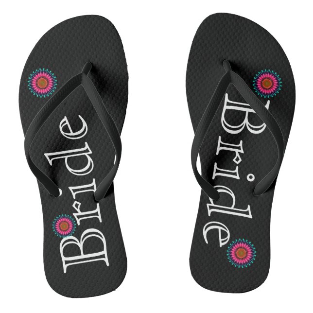 Black and Pink Lotus Flower Bride's Flip Flops (Footbed)