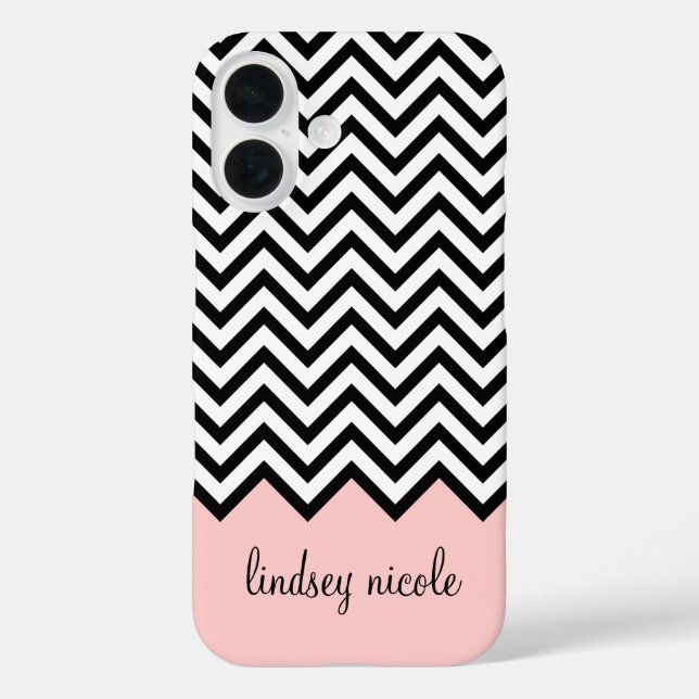 Black and Pink Modern Chevron Custom Monogram Case-Mate iPhone Case (Back)