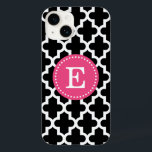 Black and Pink Modern Moroccan Monogram Case-Mate iPhone 14 Case<br><div class="desc">Chic Girly Preppy Modern Moroccan Quatrefoil Lattice Design with Custom Personalised Monogram Name or Initial</div>