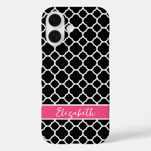 Black and Pink Modern Quatrefoil Monogram iPhone 16 Case