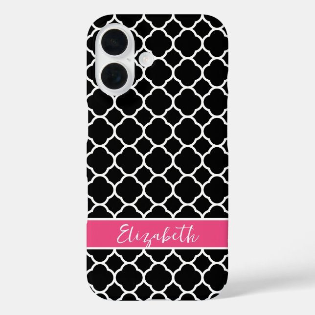 Black and Pink Modern Quatrefoil Monogram Case-Mate iPhone Case (Back)