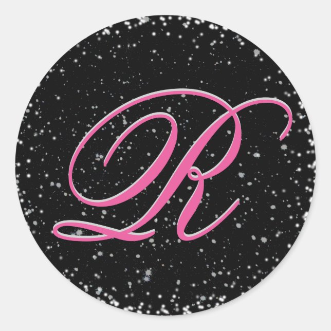 Black and Pink Monogram with Stars Classic Round Sticker (Front)