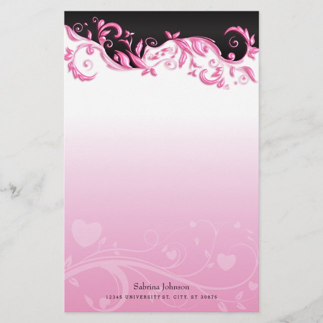 Black and Pink Ornate on Pink Gradient Stationery (Front)