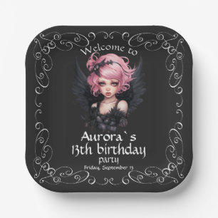 Black And Pink Pastel Goth Fairy 13th Birthday Paper Plate
