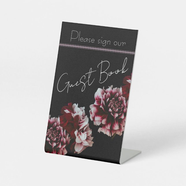 Black and Pink Peonies Wedding Foil Guestbook Pedestal Sign (Front)