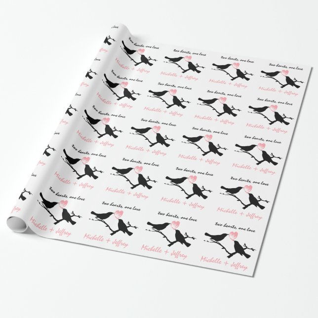 Black and Pink Personalised Love Birds with Heart Wrapping Paper (Unrolled)