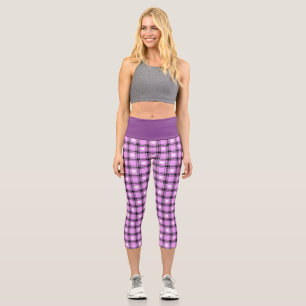 Black and Pink Plaid with white Chequered Hearts  Capri Leggings