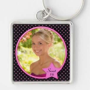 Black and Pink Polka Dot Sweet Sixteen Keychain