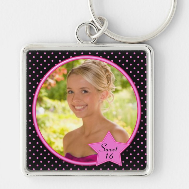 Black and Pink Polka Dot Sweet Sixteen Keychain (Front)