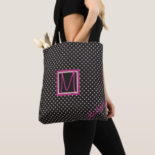 Black and Pink Polka Dot Trendy Monogram Tote Bag