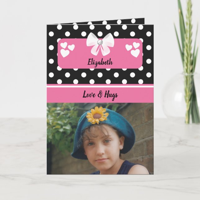 Black and pink polka dots photo birthday greeting card (Front)