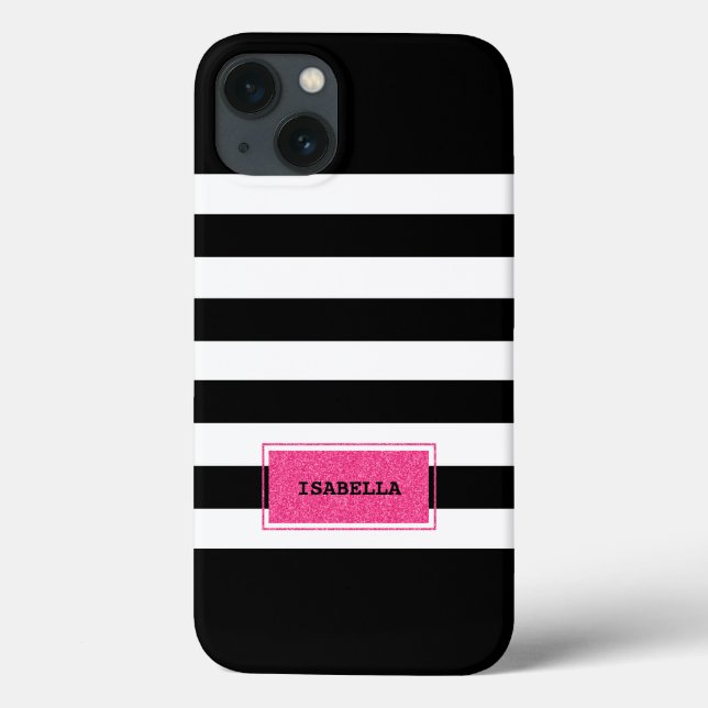 Black and Pink Preppy Stripes Monogram Case-Mate iPhone Case (Back)