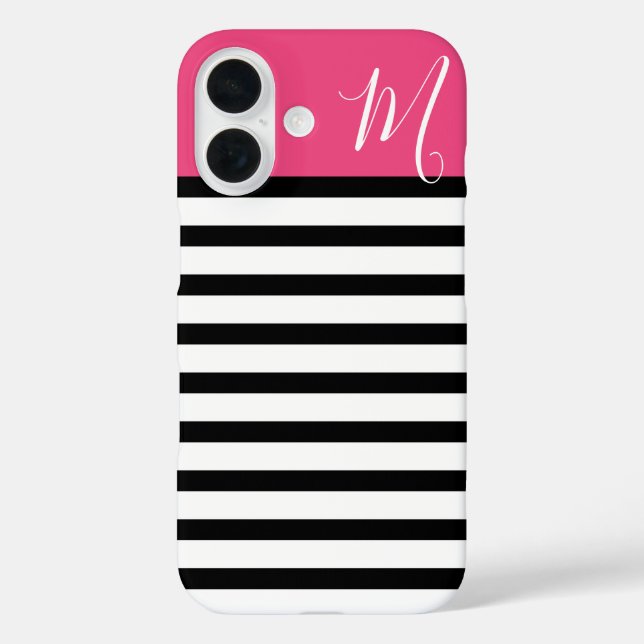 Black and Pink Preppy Stripes Monogram Case-Mate iPhone Case (Back)