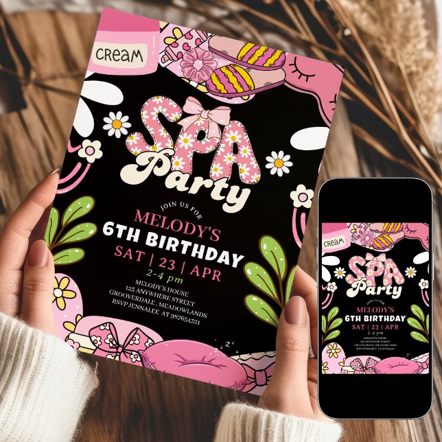 Black and Pink Retro Daisy Spa Party Birthday Invitation (Creator Uploaded)