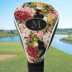 Black and Pink Roses Floral Custom Monogram Golf Head Cover