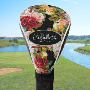 Black and Pink Roses Floral Custom Name Monogram Golf Head Cover
