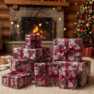 Black and Pink Roses Wrapping Paper