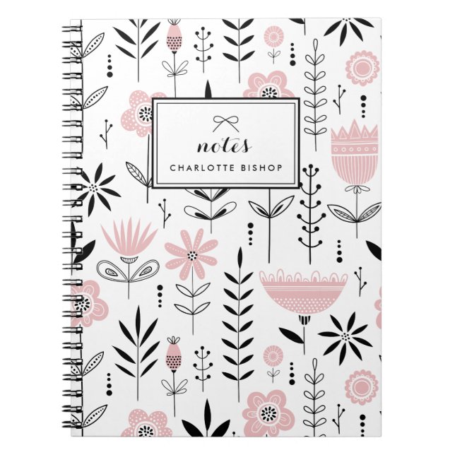 Black and Pink Scandinavian Floral Pattern Notebook (Front)