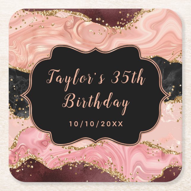 Black and Pink Sequins Agate Birthday Square Paper Coaster (Front)