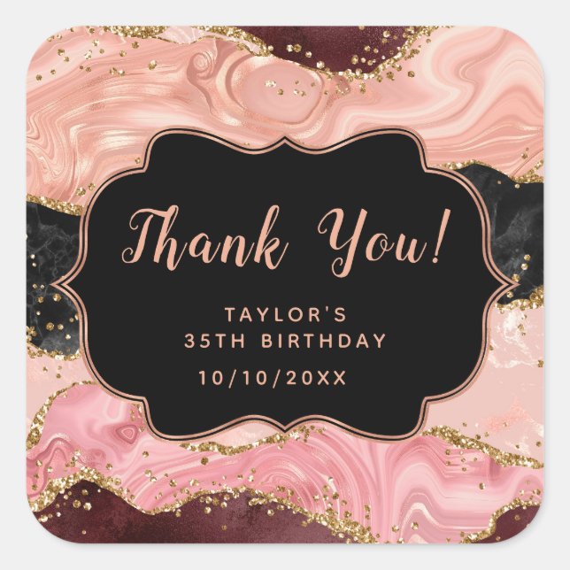 Black and Pink Sequins Agate Birthday Thank You Square Sticker (Front)