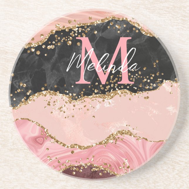 Black and Pink Sequins Agate Coaster (Front)