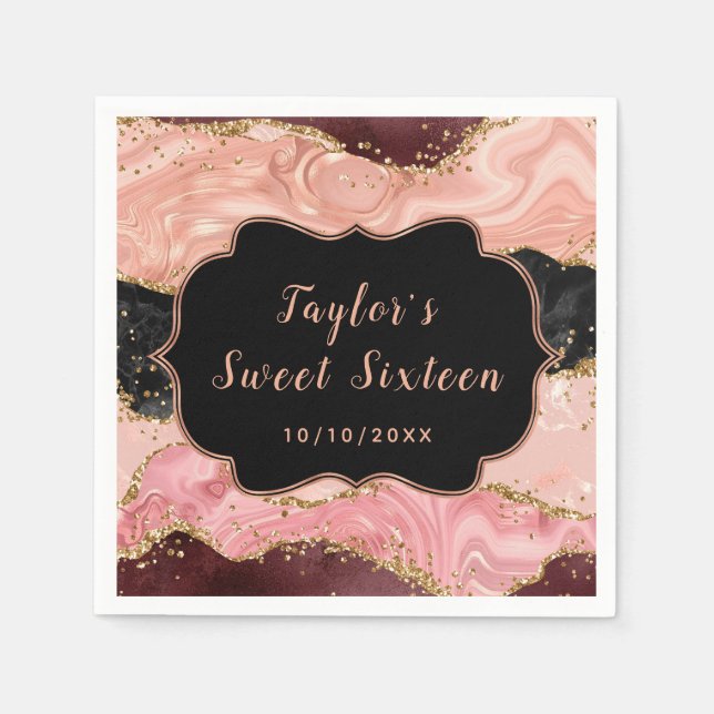 Black and Pink Sequins Agate Sweet Sixteen Napkin (Front)