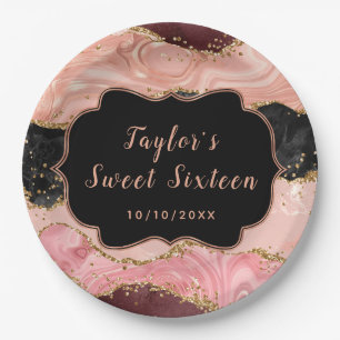 Black and Pink Sequins Agate Sweet Sixteen Paper Plate