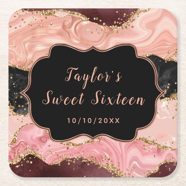 Black and Pink Sequins Agate Sweet Sixteen Square Paper Coaster (Front)