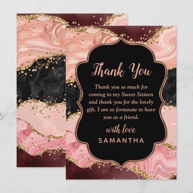 Black and Pink Sequins Agate Sweet Sixteen Thank You Card (Front/Back)