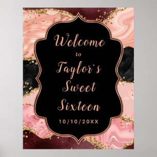 Black and Pink Sequins Agate Sweet Sixteen Welcome Poster