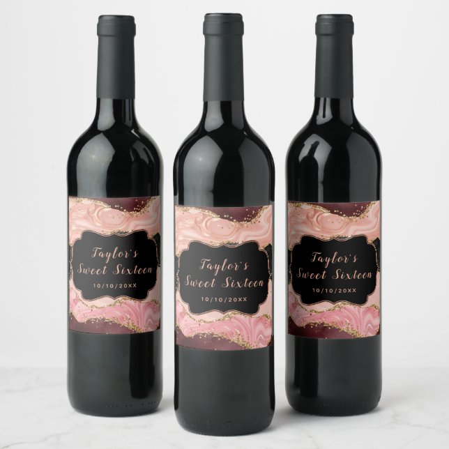 Black and Pink Sequins Agate Sweet Sixteen Wine Label (Bottles)