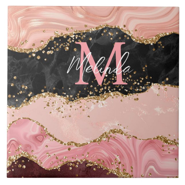 Black and Pink Sequins Agate Tile (Front)