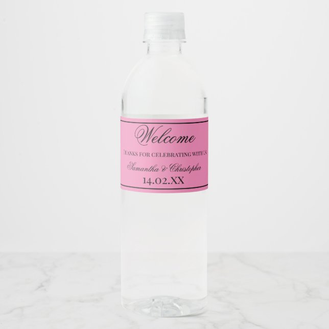 Black and Pink Simple Elegant Minimalist Wedding Water Bottle Label (Front)