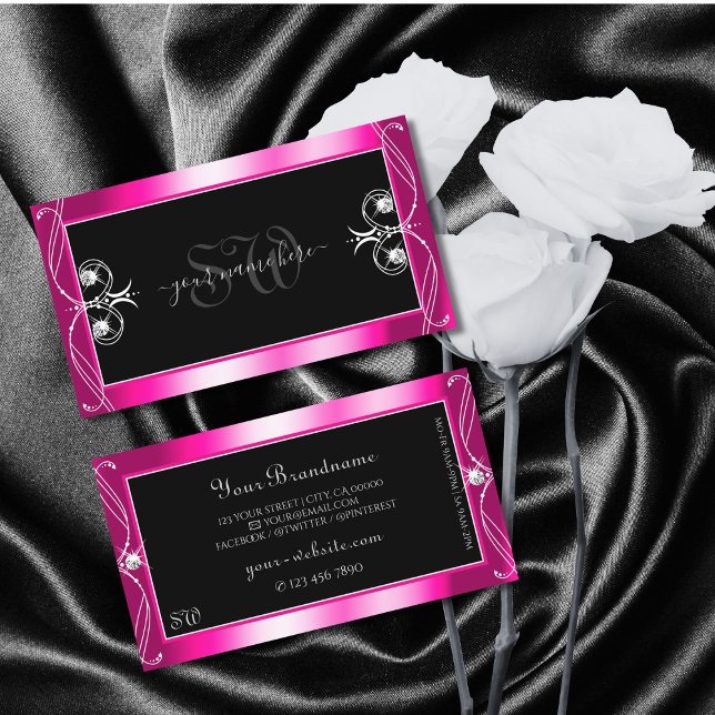 Black and Pink Sparkle Diamonds Ornaments Monogram Business Card (Creator Uploaded)