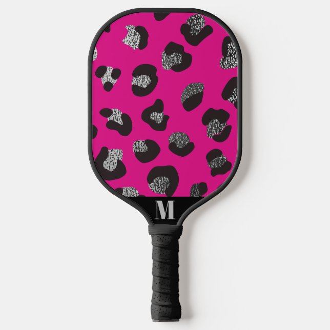 Black and Pink Sparkly Leopard Animal Skin Pattern Pickleball Paddle (Front)