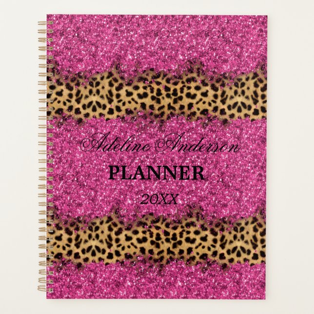 Black and Pink Sparkly Leopard Animal Skin Pattern Planner (Front)