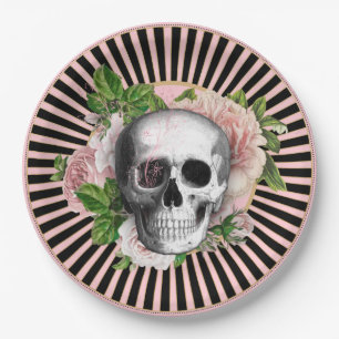 Black and Pink Striped Floral Skull Plate