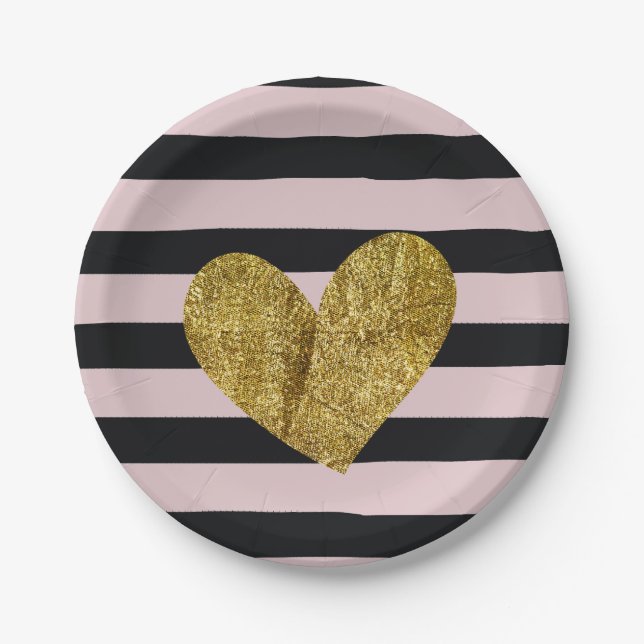 Black and Pink Stripes Gold Heart Paper Plate (Front)