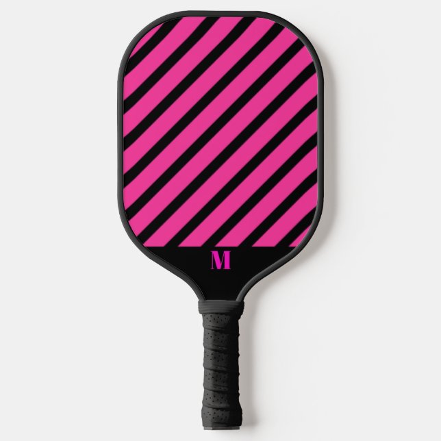 Black and Pink Stripes Pattern Modern Monogram Pickleball Paddle (Front)