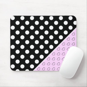 Black And Pink Stylish Polka Dots And Hearts Mouse Mat
