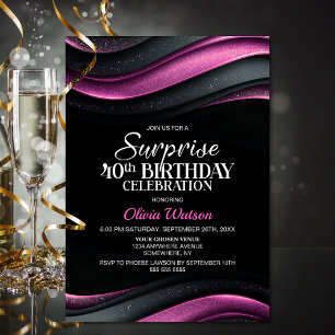 Black and Pink Surprise 40th Birthday Party Invitation