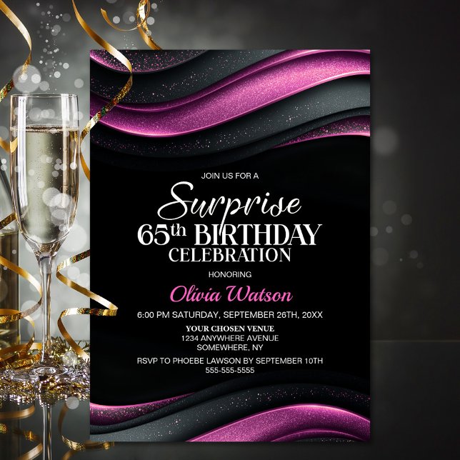 Black and Pink Surprise 65th Birthday Party Invitation (Creator Uploaded)