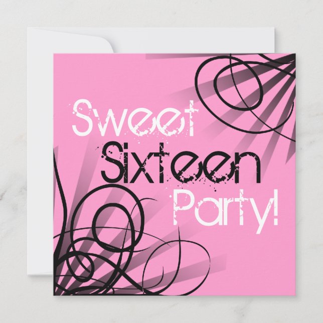 Black and Pink Swirl Sweet 16 Birthday Personalise Invitation (Front)