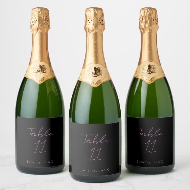Black and Pink Table Number Wedding Sparkling Wine Label (Bottles)