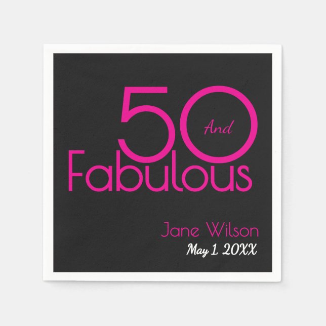 Black and Pink Text 50 and Fabulous Birthday   Napkin (Front)
